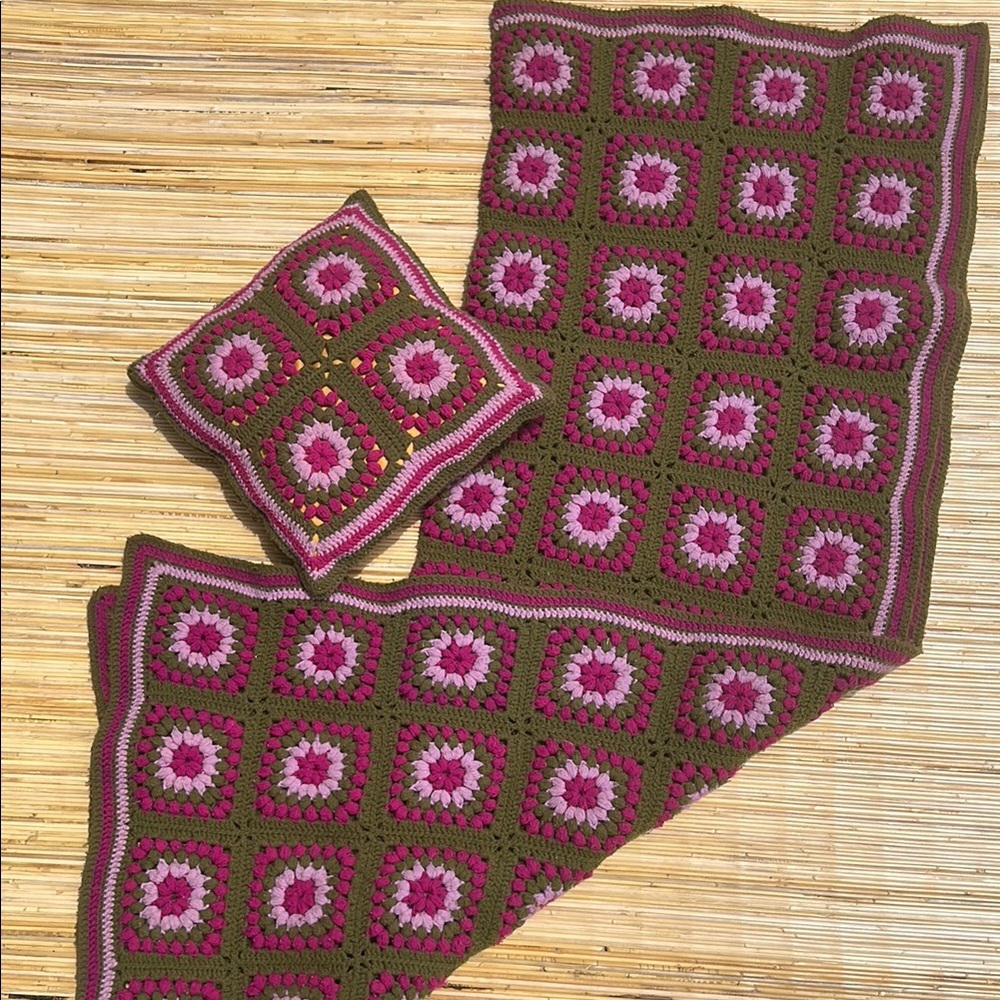 Crochet Blanket and Pillow Set in Pink and Green Granny Square